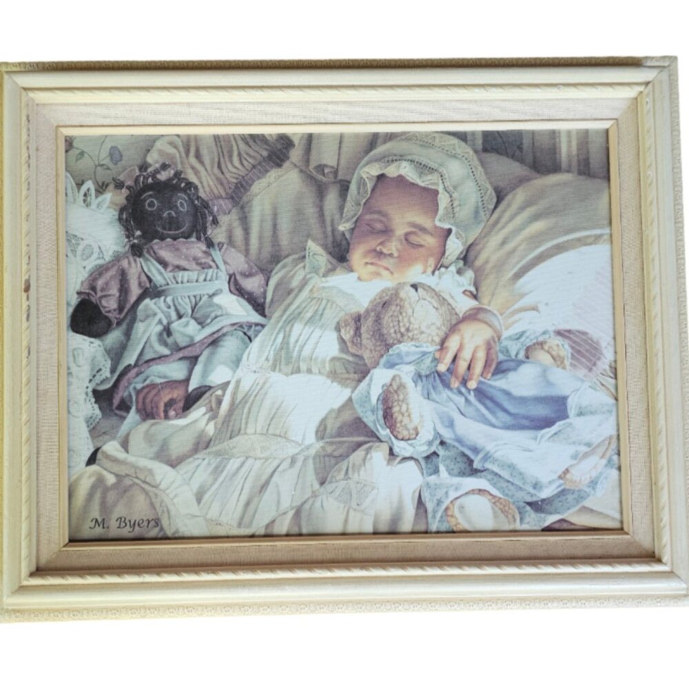 M. Byers Black Art Oil Painting on Canvas Reproduction of Baby Asleep